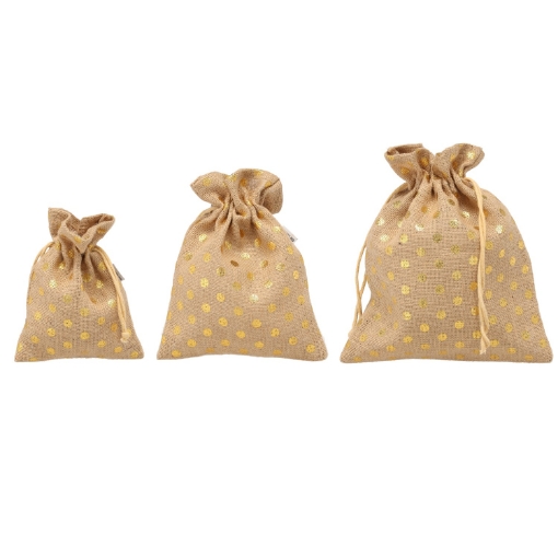 Chomik Набор из 3 джутовых мешков размером 30x25 / 25x20 / 20x15 см с золотыми точками, IKA3840 - Home Club