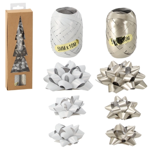 Chomik Святковий Набір Для Упаковки Подарунків - Срібний / Білий (2 Стрічки + 7 Бантів), TAS7595 - Home Club