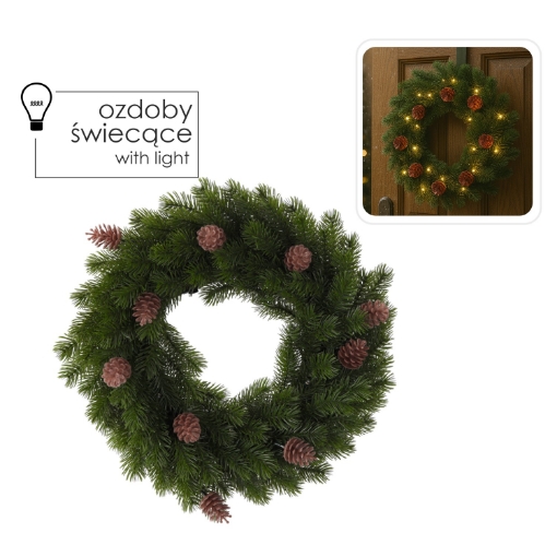 Chomik Рождественский венок Led 40 см 40 л зеленый со светящимися шишками на батарейках, LED9669 - Home Club