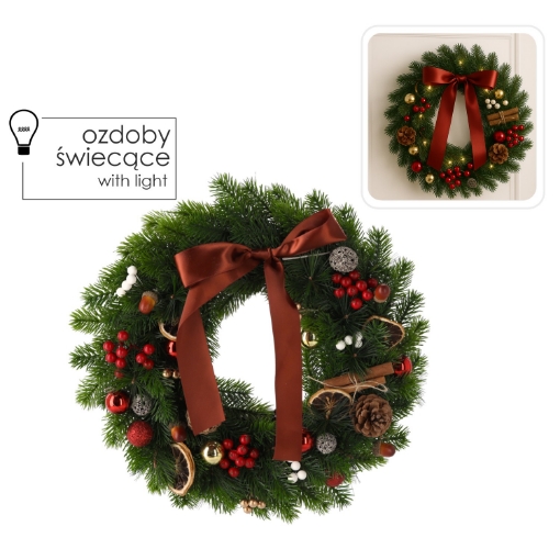 Chomik Рождественский венок Led 40 см, 40 лампочек, зеленый с коричневым бантом, работает от батареек., LED9706 - Home Club