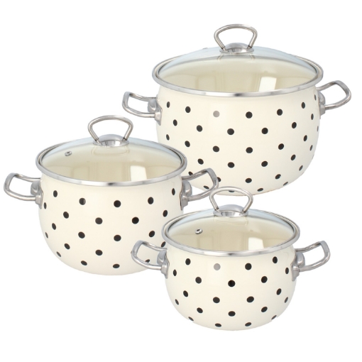 Chomik Набор из 3 эмалированных кастрюль объемом 2,5 л, 3,5 л и 5 л, белого цвета с белыми точками, с крышками., EMA3646 - Home Club