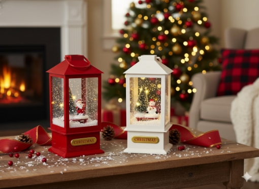 Chomik Святковий Ліхтарик 9 x 9 x 23 см З Led-Вставкою Мельодія - Білий З Сніжником / Червоний З Дідом Морозом, SOL1628 - Home Club