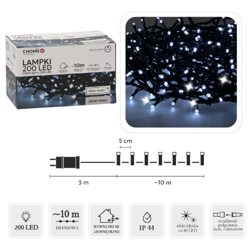 Chomik Світлодіодні ліхтарі 200L холодний білий + холодний спалах, довжина 3 + 10 м, внутрішній/зовнішній, LED9485 - Home Club