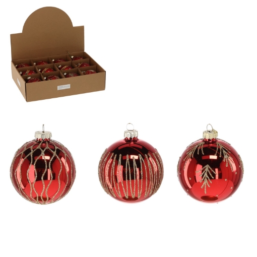 Chomik Стеклянная елочная игрушка - красная с блестящим миксом узоров, 8 см, BOZ2102 - Home Club