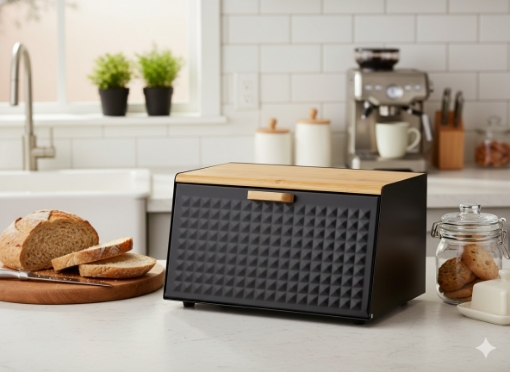 Chomik Хлебник Hibisco - Эмалированный С Бамбуковой Крышкой 35,5 x 17 x 19,5 См Черный, NEL8879 - Home Club