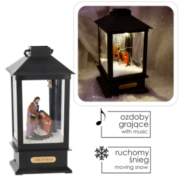Chomik Праздничный Фонарик 13 x 13 x 30 См С Led-Вставкой Музыкальная Шкатулка - Черный - Святое Семья, SOL9386 - Home Club