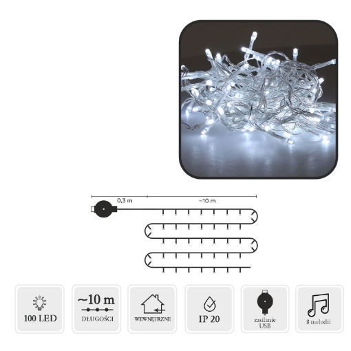 Chomik Светодиодные лампы с мелодией Usb 100L холодный белый, длина 0,3 + 10 м, LED8509 - Home Club