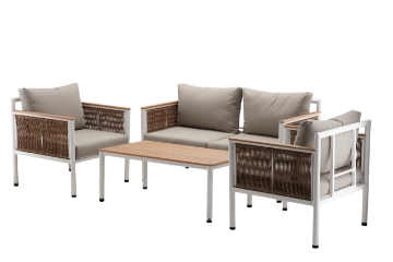 Garden Line Комплект алюминиевой мебели «Белград» (диван + 2 кресла + столик), бежевый + бежевые подушки, ALM9569 - Home Club