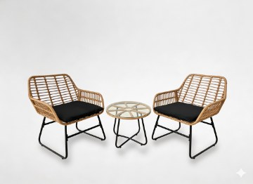 Garden Line Набор Садовой Мебели (2 Стула, Стол) - Коричневый, Подушки - Черный, ABI3392 - Home Club