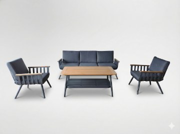 Garden Line Комплект алюминиевой мебели (3-местный диван + 2 кресла + столик), серый + серые подушки, ALM9415 - Home Club