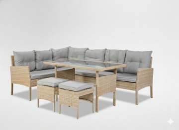 Garden Line Комплект мебели из ротанга «Берно» (угловой диван + 2 пуфа + столик) бежевого цвета + серые подушки, SAD9576 - Home Club