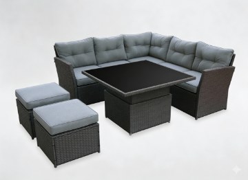 Garden Line Комплект мебели из ротанга (угловой диван + 2 пуфа + столик с регулируемой высотой) серый + серые подушки, ABI8212 - Home Club