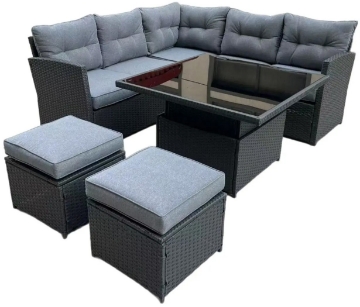 Garden Line Комплект мебели из ротанга (угловой диван + 2 пуфа + столик с регулируемой высотой) серый + серые подушки, ABI8212 - Home Club