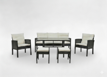 Garden Line Комплект мебели из ротанга «Vaduz» (диван + 2 кресла + 2 пуфа + стол) черный + кремовые подушки, SAD9583 - Home Club