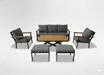 Garden Line Комплект садовой мебели из алюминия и тикового дерева (диван + 2 кресла + стол + 2 табурета) антрацит + серые подушки, TEK0428 - Home Club