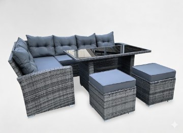 Garden Line Набір Садової Меблів (Кутовий Диван, 2 Пуфи, Стіл) - Сірий, Подушки - Сірий, ABI3453 - Home Club