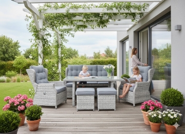 Garden Line Набор садовой мебели из алюминия и ротанга (диван + стол + 2 кресла + 2 пуфы) серый + серые подушки, SUR0404 - Home Club