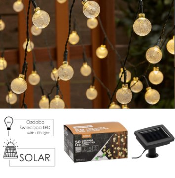 Garden Line Солнечная гирлянда для сада, длина 2 + 7,35 м, Bubble 50 светодиодов, теплый белый цвет, SOL3767 - Home Club