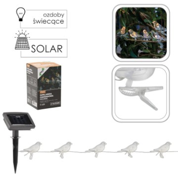 Garden Line Солнечная гирлянда для сада, длина 2 + 1,2 м, птицы с зажимом, 5 светодиодов, теплый белый свет., SOL6063 - Home Club