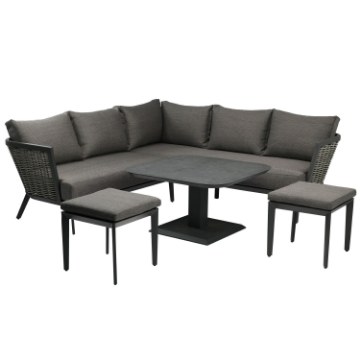 Garden Line Набор алюминиевой мебели «Таллинн» (угловой диван + 2 пуфика + столик с регулируемой высотой) серый + серые подушки, ALM8123 - Home Club