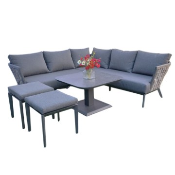 Garden Line Набор алюминиевой мебели «Таллинн» (угловой диван + 2 пуфика + столик с регулируемой высотой) серый + серые подушки, ALM8123 - Home Club