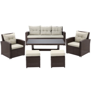 Garden Line Великий комплект садових меблів (диван, 2 крісла, 2 пуфи, столик) — коричневий, подушки — бежеві, ABI8805 - Home Club