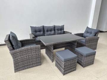 Garden Line Великий комплект садових меблів (диван, 2 крісла, 2 пуфи, столик) — сірий, подушки — сірі, ABI3347 - Home Club