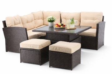 Garden Line Набір Меблів З Ратану (Кутовий Диван + 2 Пуфи + Стіл З Регульованою Висотою) Брунатний + Кремові Подушки, ABI8205 - Home Club