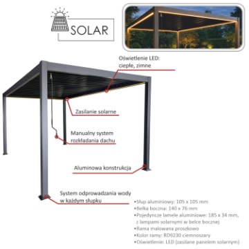 Chomik Алюминиевая биоклиматическая пергола с Led-подсветкой, 3 x 4 x 2,5 м, антрацитовый цвет, RIT1446 - Home Club