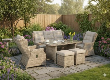 Garden Line Комплект садових меблів з алюмінію та ротанга (диван + стіл + 2 крісла + 2 пуфи) коричневий + бежеві подушки, SUR3532 - Home Club
