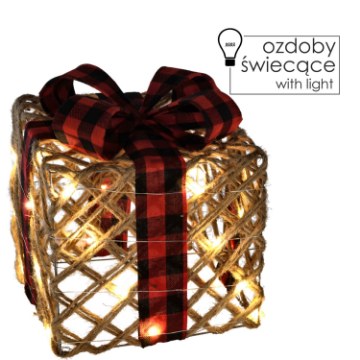 Chomik Рождественская игрушка — подарок с бантиком из джута, 25 см, со светодиодами, PRE1277 - Home Club