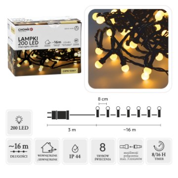 Chomik Світлодіодні кульки 200 л, теплий білий, довжина 3 + 16 м, LED0146 - Home Club