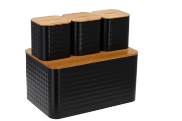 Chomik Хлібниця Sabio — Емальована З Бамбуковою Кришкою 35 × 23 × 18,5 См, Чорна + 3 Контейнери 11,5 × 11,5 × 12 См, NEL8831 - Home Club