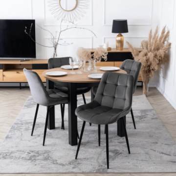 Mebel Elite Комплект: стіл Harry 102–142 см, дуб Craft/чорний, та 4 стільці Chris, сірі, W.HARRY/DC/CZ/S/CHRIS/P/CZ/V/Z4/K - Home Club