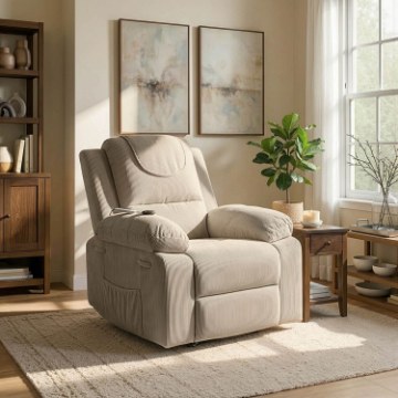 Mebel Elite Массажное кресло Fenix с электроприводом и функцией помощи при вставании, бежевое, из вельвета, ME.FENIX/BZ/SZTR/FW - Home Club