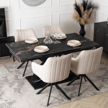 Mebel Elite Комплект: стол Ibiza 160–240 см, черный мрамор/черный, и 4 кресла Mumbai, кремовые, IBIZA/CZZL/CZ/S160-240/MUMBAI/KR/T/Z4/K - Home Club