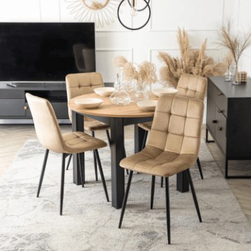 Mebel Elite Комплект: стіл Harry 102–142 см, дуб Craft/чорний, та 4 стільці Peru, бежеві, W.HARRY/DC/CZ/S/PERU/BZ/V/Z4/K - Home Club