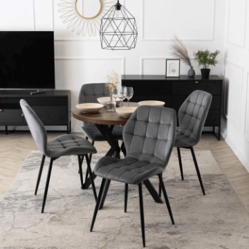 Mebel Elite Комплект: стіл Dorian 80–160 см, дуб рустикальний/чорний, та 4 стільці Lucky, сірі, DORIAN/DRU/CZ/S/LUCKY/P/V/Z4/K - Home Club