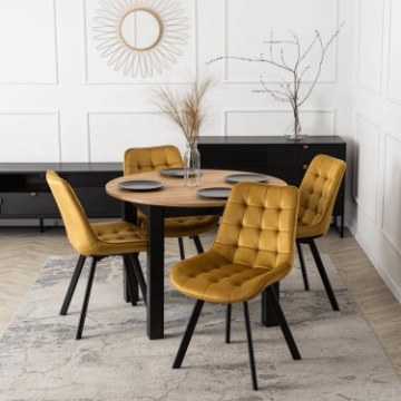 Mebel Elite Комплект: стіл Harry 102–142 см, дуб Craft/чорний, та 4 стільці Rick, гірчичний, W.HARRY/DC/CZ/S/RICK/CU/V/Z4/K - Home Club