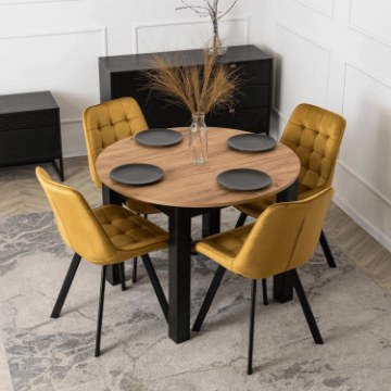 Mebel Elite Комплект: стол Harry (102–142 см) из дуба Craft/черного цвета и 4 стула Rick горчичного цвета, W.HARRY/DC/CZ/S/RICK/CU/V/Z4/K - Home Club