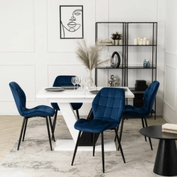 Mebel Elite Комплект: стіл Clark 120–160 см, чорно-білий глянцевий, та 4 стільці Lucky, темно-сині, DUBAJ/B/PL/CZ/S/LUCKY/GR/V/Z4/K - Home Club