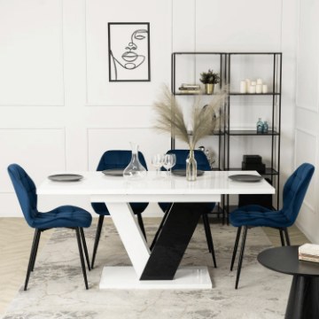 Mebel Elite Комплект: стол Clark 120–160 см (черный/белый глянцевый) и 4 стула Lucky (темно-синие), DUBAJ/B/PL/CZ/S/LUCKY/GR/V/Z4/K - Home Club
