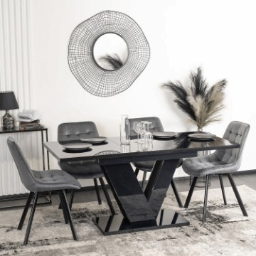 Mebel Elite Комплект: стіл Clark 120–160 см, чорний глянцевий, та 4 стільці Rick, сірі, DUBAJ/CZ/PL/S/RICK/P/V/Z4/K - Home Club