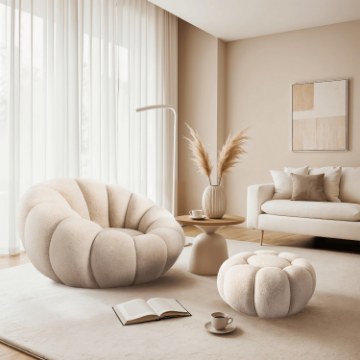 Mebel Elite Вращающееся кресло для отдыха Pettit с пуфиком, бежевое, из ткани букле, ME.PETTIT/BZ/TB/FW - Home Club