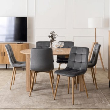 Mebel Elite Комплект из стола Harry (102–142 см) из дуба Artisan и 6 стульев Fredy серого цвета, W.HARRY/DA/S/FREDY/P/D/V/Z6/K - Home Club
