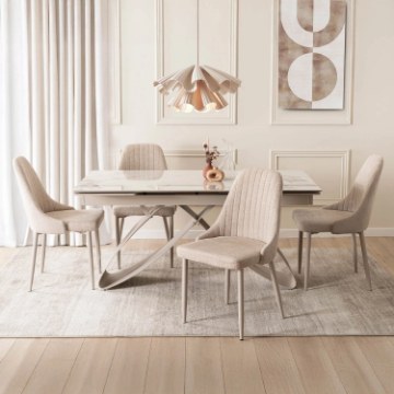 Mebel Elite Комплект: стіл Luigi 160–240 см, білий мармур/кашемір, та 4 стільці Torino кремового кольору, LUIGI/B/KASZ/S160-240/TORINO/KR/KASZ/T/Z4/K - Home Club