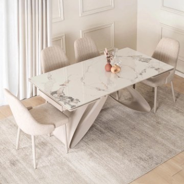 Mebel Elite Комплект: стол Luigi 160–240 см, белый мрамор/кашмир, и 4 кресла Torino кремового цвета, LUIGI/B/KASZ/S160-240/TORINO/KR/KASZ/T/Z4/K - Home Club