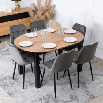 Mebel Elite Комплект: стіл Harry 102–142 см, дуб Craft/чорний, та 6 стільців Chris, сірі, W.HARRY/DC/CZ/S/CHRIS/P/CZ/V/Z6/K - Home Club
