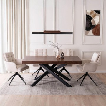 Mebel Elite Комплект: стіл Hampton 160–240 см (горіх/чорний) та 4 стільці Akita (кремовий), HAMPTON/O/CZ/S160-240/AKITA/KR/SZTR/Z4/K - Home Club