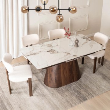 Mebel Elite Комплект: стол Lizbona 160–200 см (белый мрамор/орех) и 4 стула Grenada (кремовые), LIZBONA/BM/O/CER/S160-200/GRENADA/KR/O/TB/Z4/K - Home Club